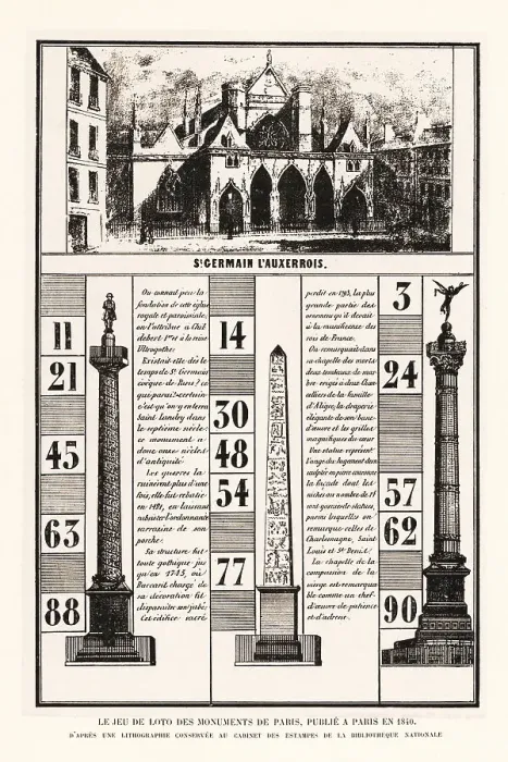 Framed Print : Lotto numbers game featuring Paris monuments, 1840 Framed Print : Lotto numbers game featuring Paris monuments, 1840