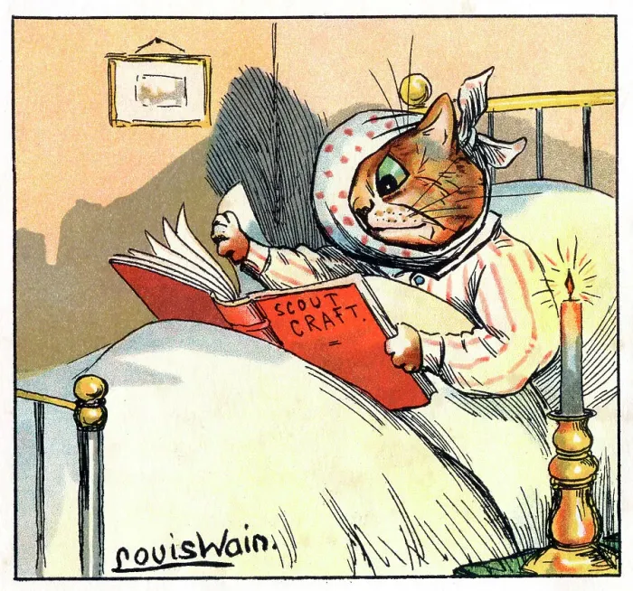 Framed Print : Louis Wain Cat in bed with toothache reading Scout Craft Framed Print : Louis Wain Cat in bed with toothache reading Scout Craft