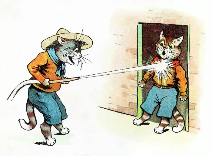 Framed Print : Louis Wain Cat Scout aiming a firehose at a fellow cat Framed Print : Louis Wain Cat Scout aiming a firehose at a fellow cat