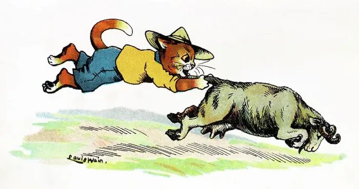 Framed Print : Louis Wain Cat Scout catching a Nanny Goat