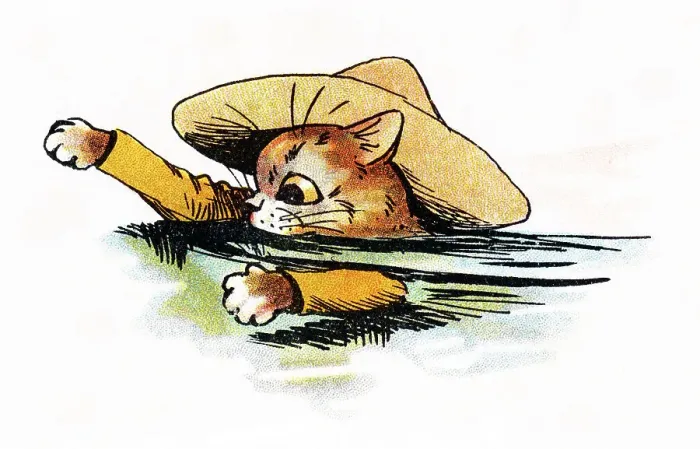 Framed Print : Louis Wain Cat Scout learning to swim Framed Print : Louis Wain Cat Scout learning to swim