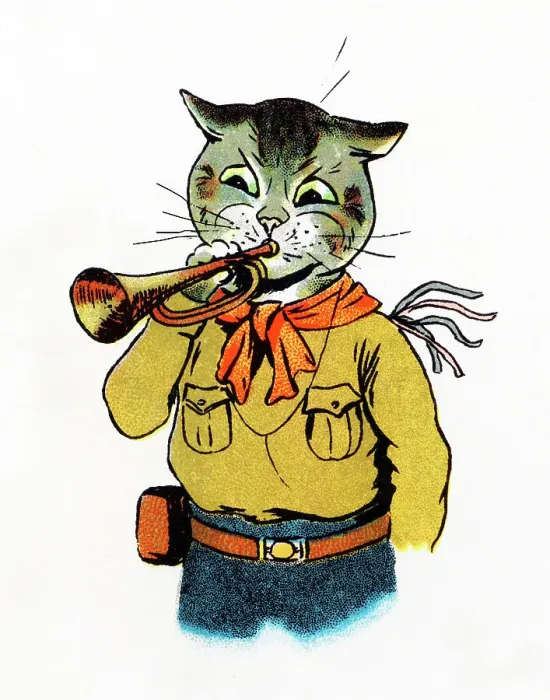 Framed Print : Louis Wain Cat Scout playing Reveille on his bugle Framed Print : Louis Wain Cat Scout playing Reveille on his bugle