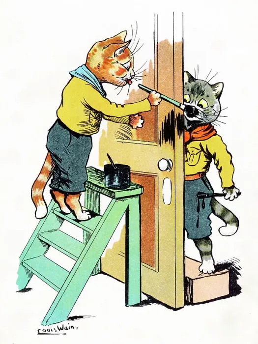 Framed Print : Louis Wain Cat Scouts painting a door Framed Print : Louis Wain Cat Scouts painting a door