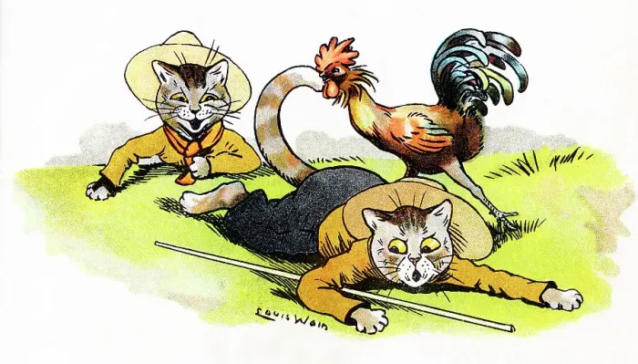 Framed Print : Louis Wain Cat Scouts pecked by a hen - A Peck of Troubles Framed Print : Louis Wain Cat Scouts pecked by a hen - A Peck of Troubles