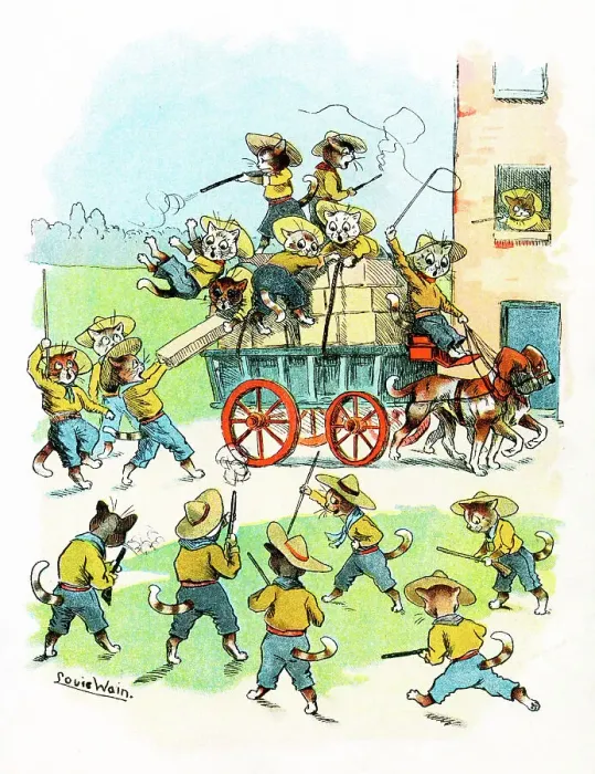 Framed Print : Louis Wain Cat Scouts, rival cats attack the wagon Framed Print : Louis Wain Cat Scouts, rival cats attack the wagon