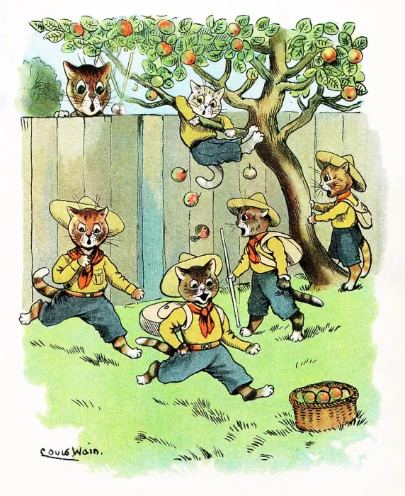 Framed Print : Louis Wain Cat Scouts scrumping apples in the orchard Framed Print : Louis Wain Cat Scouts scrumping apples in the orchard