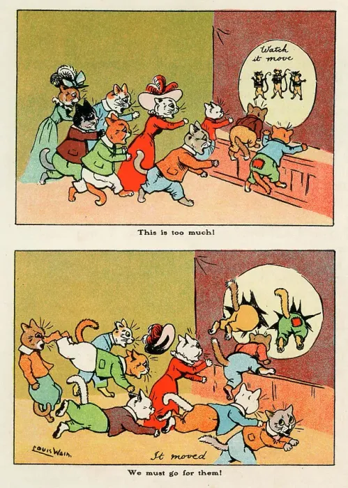 Framed Print : Louis Wain - comical cats watching a lantern slide show Framed Print : Louis Wain - comical cats watching a lantern slide show
