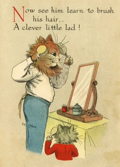Framed Print : Louis Wain, Daddy Cat - brushing hair Framed Print : Louis Wain, Daddy Cat - brushing hair