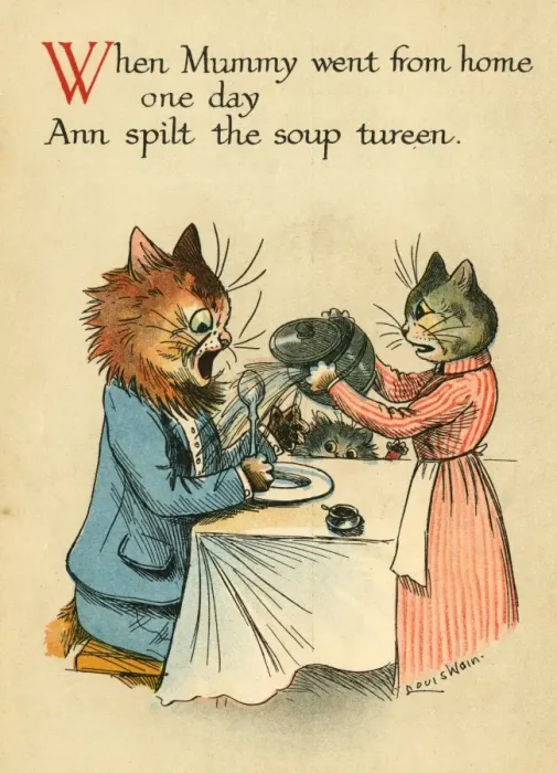 Framed Print : Louis Wain, Daddy Cat - spilt soup Framed Print : Louis Wain, Daddy Cat - spilt soup