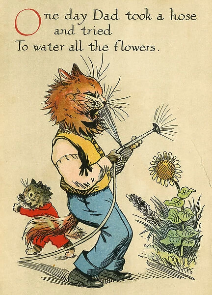 Louis Wain, Daddy Cat - watering the flowers