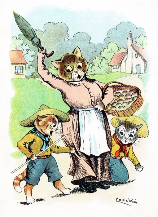 Framed Print : Louis Wain Mummy Cat stopping her Cat Scouts arguing Framed Print : Louis Wain Mummy Cat stopping her Cat Scouts arguing