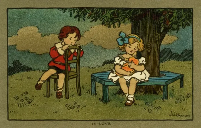 Framed Print : In love. Boy looks on longingly as his girl cuddles her dolly Framed Print : In love. Boy looks on longingly as his girl cuddles her dolly