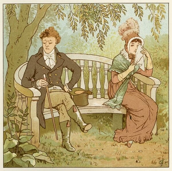 Lovers tiff. A young couple sit at opposite sides of a garden bench