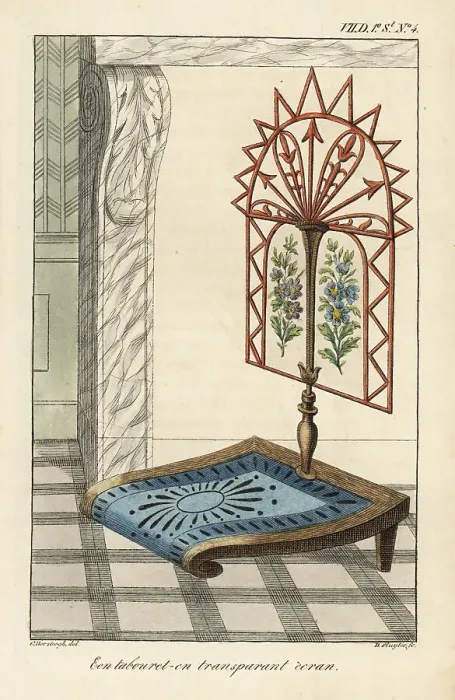 Framed Print : A low stool with transparent screen decorated with embroidered f Framed Print : A low stool with transparent screen decorated with embroidered f