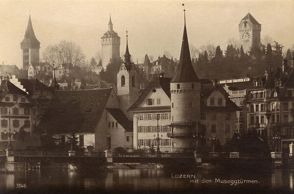 Lucerne - View with the Musegg Wall & Towers in rear