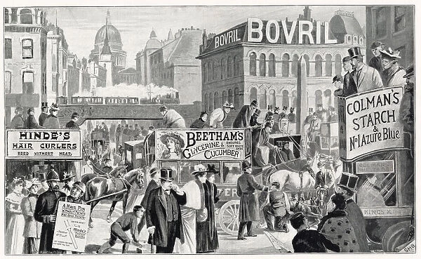 Ludgate Circus, with advertising on sides of public transport and buildings