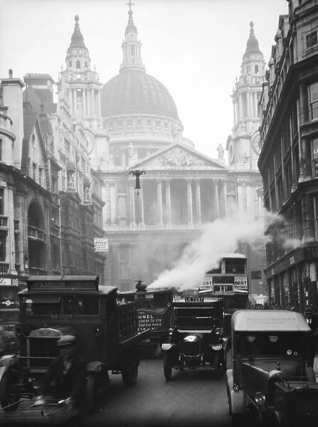 Ludgate Hill 1930S. Steam and traffic jam chaos on Ludgate Hill, with St