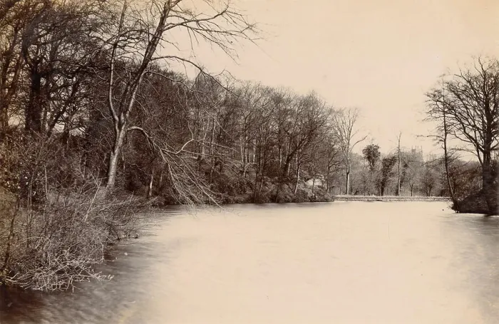 Framed Print : Lymm Dam, in the village of Lymm, Cheshire. The tower of St Mary's Church is just visible above the trees in the right distance. Date: circa 1889 Framed Print : Lymm Dam, in the village of Lymm, Cheshire. The tower of St Mary's Church is just visible above the trees in the right distance. Date: circa 1889