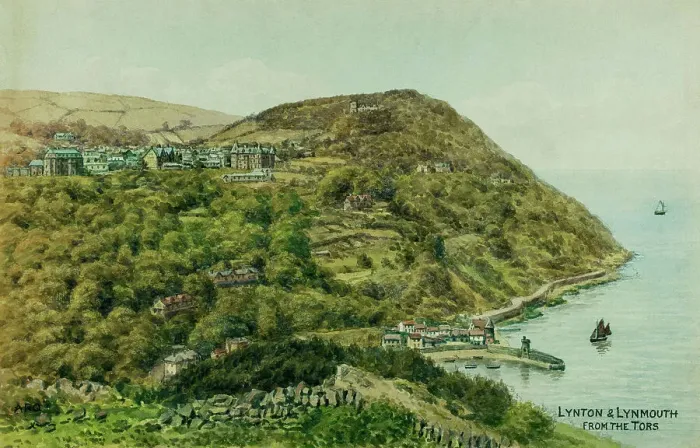Framed Print : Lynton and Lynmouth, Devon, viewed from The Tors Framed Print : Lynton and Lynmouth, Devon, viewed from The Tors