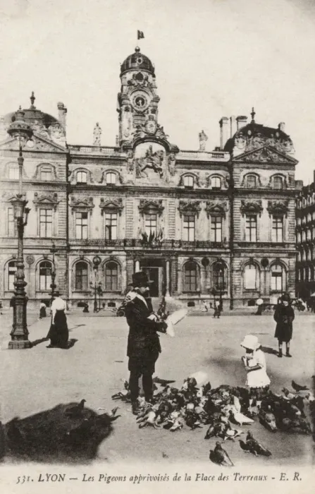 Framed Print : Lyon, Feeding tame pigeons in Place des Terreaux Framed Print : Lyon, Feeding tame pigeons in Place des Terreaux