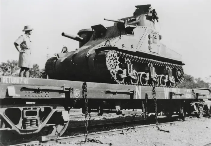 Framed Print : ?M4? tank loaded onto track vehicle, Bombay Framed Print : ?M4? tank loaded onto track vehicle, Bombay