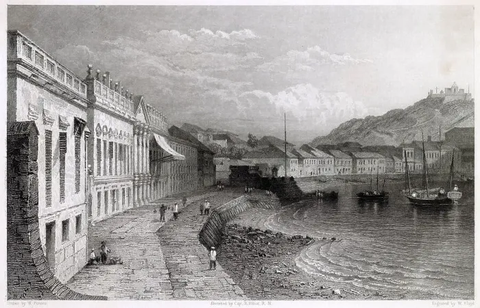 Framed Print : Macao: quayside and harbour on a quiet day Date: 1834 Framed Print : Macao: quayside and harbour on a quiet day Date: 1834