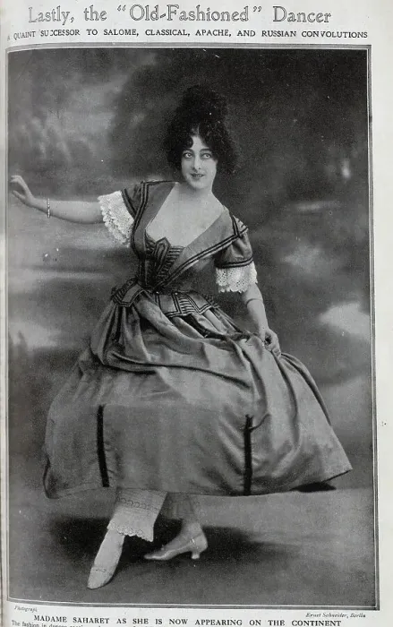 Framed Print : Madame Saharet, dancer, theatrical studio portrait in costume. Captioned, Lastly, the Old-Fashioned Dancer: A Quaint Successor to Salome, Classical, Apache, And Russian Convolutions