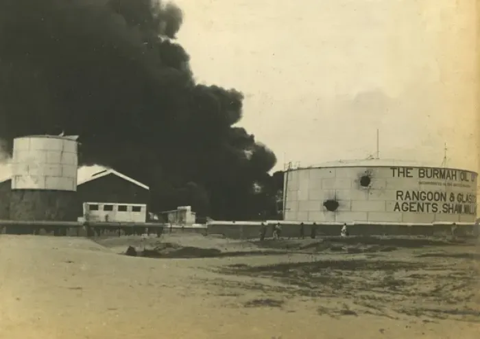 Framed Print : Madras fuel tanks on fire, WWI