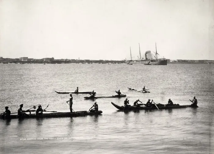 Framed Print : Madras from the sea with fishing catamarans, India Framed Print : Madras from the sea with fishing catamarans, India
