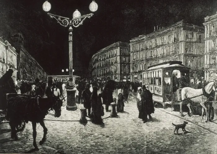 Framed Print : Madrid (1878). The Puerta del Sol enlightened Framed Print : Madrid (1878). The Puerta del Sol enlightened