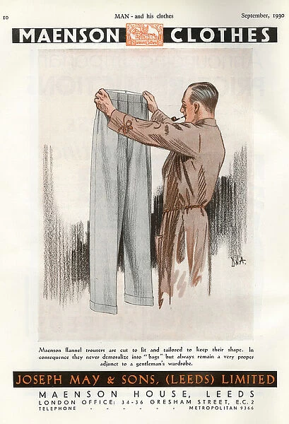 Maenson Clothes advertisement for flannel trousers, 1930