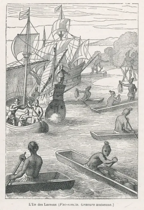 Framed Print : MAGELLAN. Magellans ships reach the Ladrone Islands, in the Pacific off the Panama coast Framed Print : MAGELLAN. Magellans ships reach the Ladrone Islands, in the Pacific off the Panama coast