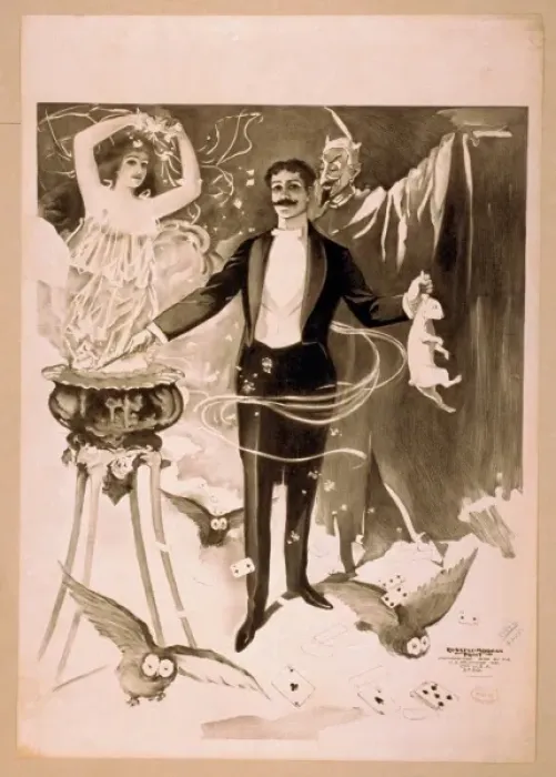 Framed Print : Magician holding rabbit and conjuring spirit surrounded by d Framed Print : Magician holding rabbit and conjuring spirit surrounded by d