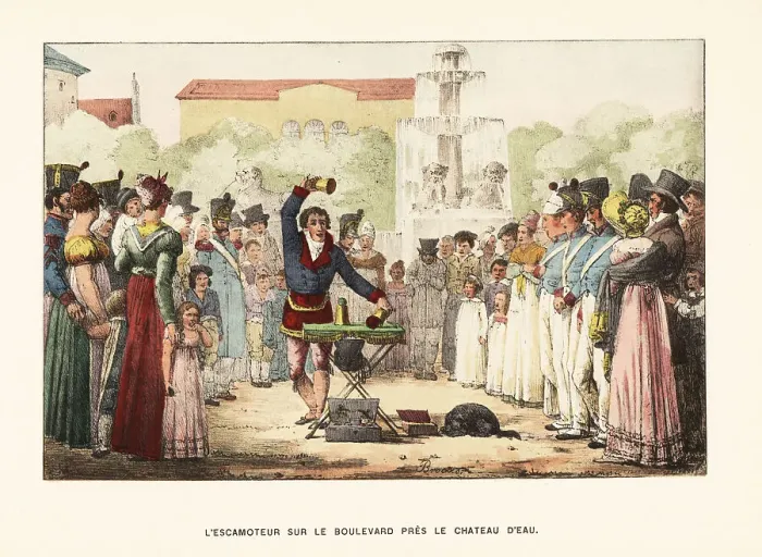 Framed Print : Magician performing sleight of hand, Chateau d'Eau, 1820s Framed Print : Magician performing sleight of hand, Chateau d'Eau, 1820s