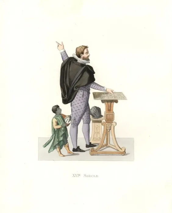 Framed Print : Magino de Gabrielle in violet suit, with African Framed Print : Magino de Gabrielle in violet suit, with African