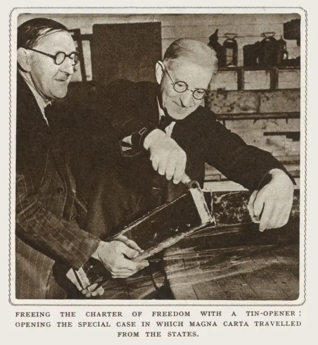 Framed Print : Magna Carta being opened by tin-opener on return to Lincoln
