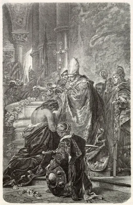 Framed Print : Magyar Prince Istvan (Stephen) is baptised a Christian, three years later is crowned king Framed Print : Magyar Prince Istvan (Stephen) is baptised a Christian, three years later is crowned king