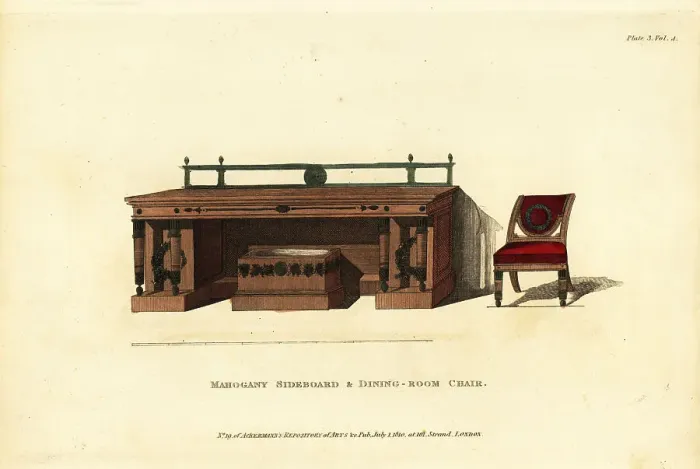 Framed Print : Mahogany sideboard and dining-room chair, 1810 Framed Print : Mahogany sideboard and dining-room chair, 1810