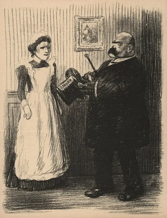Framed Print : The Maid. A sketch which shows a large man, having removed his hat