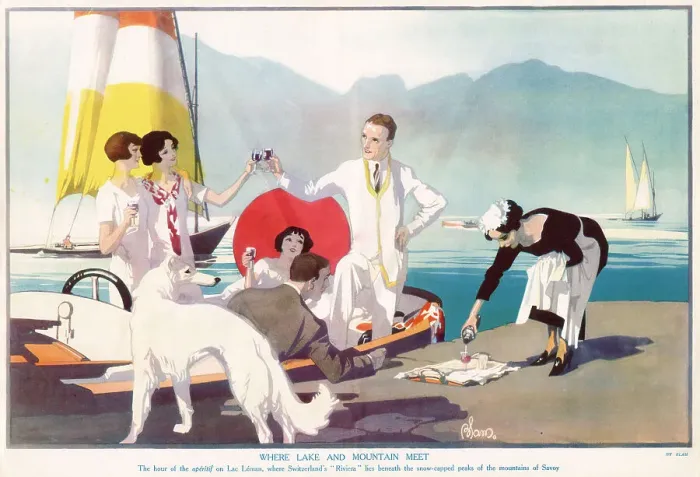Framed Print : A maid pouring some wine to a group of young people on a motor boat on Lac Leman in Switzerland's Riviera. Date: 1926 Framed Print : A maid pouring some wine to a group of young people on a motor boat on Lac Leman in Switzerland's Riviera. Date: 1926