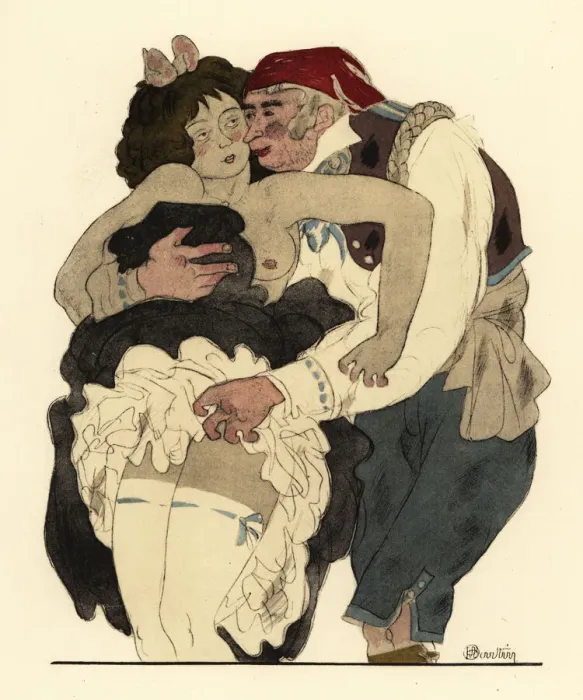 Framed Print : Maid in stockings and garters embraced by a man Framed Print : Maid in stockings and garters embraced by a man