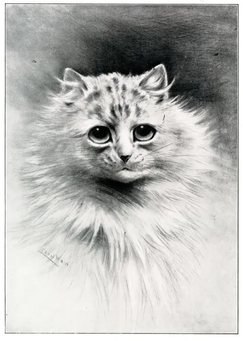 Framed Print : In Maiden Meditation, cat portrait by Louis Wain Framed Print : In Maiden Meditation, cat portrait by Louis Wain