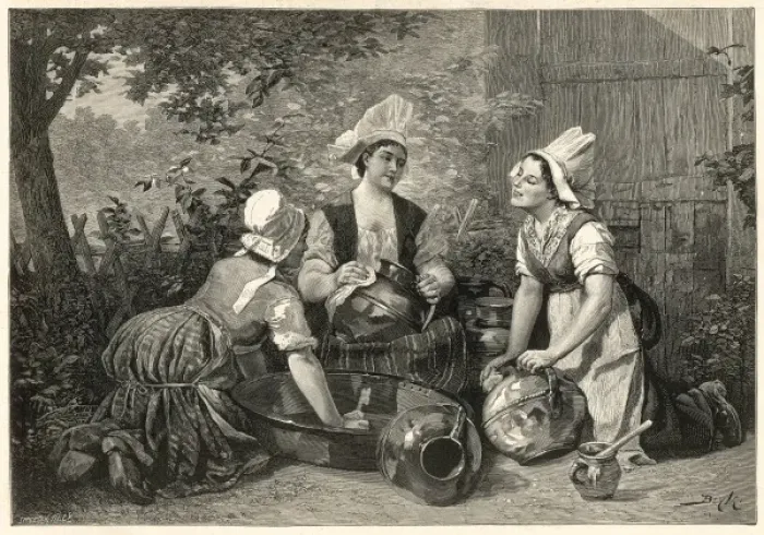 Framed Print : Three maids cleaning pots Framed Print : Three maids cleaning pots