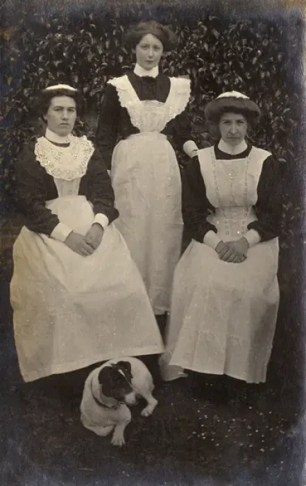 Framed Print : Three maids and dog in garden Framed Print : Three maids and dog in garden