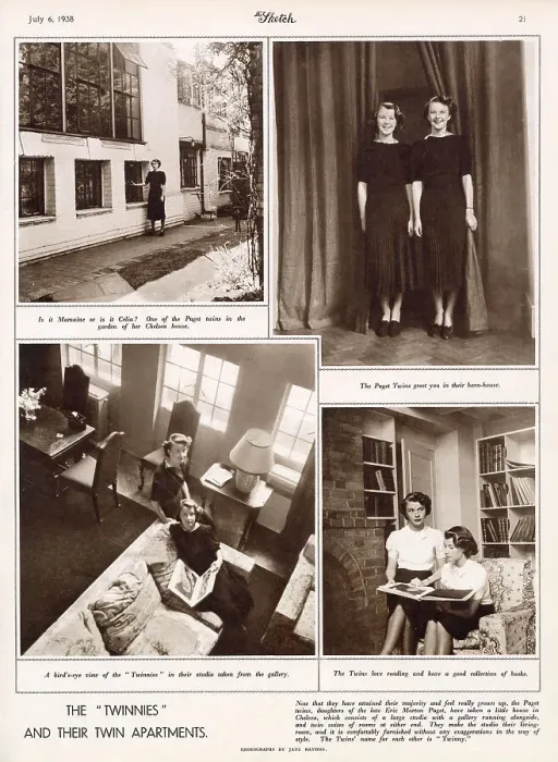 Framed Print : Maimie and Celia Paget, twin daughters of the late Eric Morton Paget, featured in the Sketch in their Chelsea house consisting of a studio and a twin suite of bedrooms. Date: 1938 Framed Print : Maimie and Celia Paget, twin daughters of the late Eric Morton Paget, featured in the Sketch in their Chelsea house consisting of a studio and a twin suite of bedrooms. Date: 1938