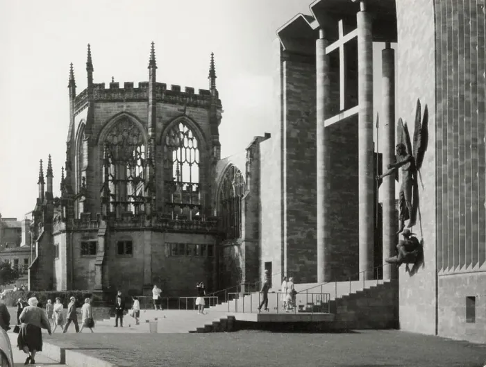 Framed Print : The main entrance to New Coventry Cathedral, St. Michael's Porch, showing Jacob Epstein's sculpture of St. Michael and the Devil, and the ruins of the Old Cathedral. Date: early 1960s Framed Print : The main entrance to New Coventry Cathedral, St. Michael's Porch, showing Jacob Epstein's sculpture of St. Michael and the Devil, and the ruins of the Old Cathedral. Date: early 1960s