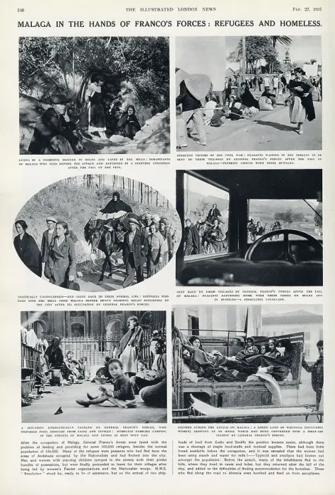 Framed Print : Malaga in the hands of Franco's forces: refugees and homeless. Spanish Civil War. Page from The Illustrated London News, 27th February 1937. Date: 1937 Framed Print : Malaga in the hands of Franco's forces: refugees and homeless. Spanish Civil War. Page from The Illustrated London News, 27th February 1937. Date: 1937