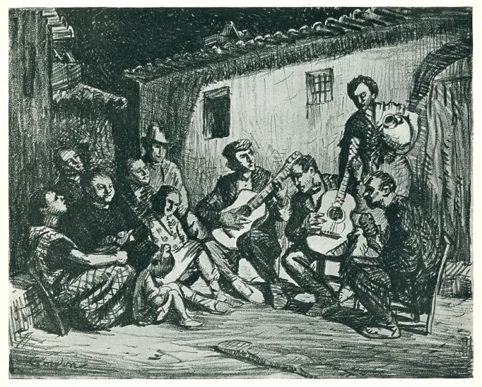 Framed Print : Malaquera. This pencil drawing captures a musical scene in which a closely Framed Print : Malaquera. This pencil drawing captures a musical scene in which a closely