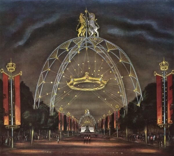 The Mall at night decorated for the Coronation, 1953
