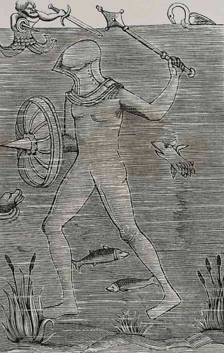 Framed Print : Man-at-arms. Diver using an armoured sealed diving Framed Print : Man-at-arms. Diver using an armoured sealed diving